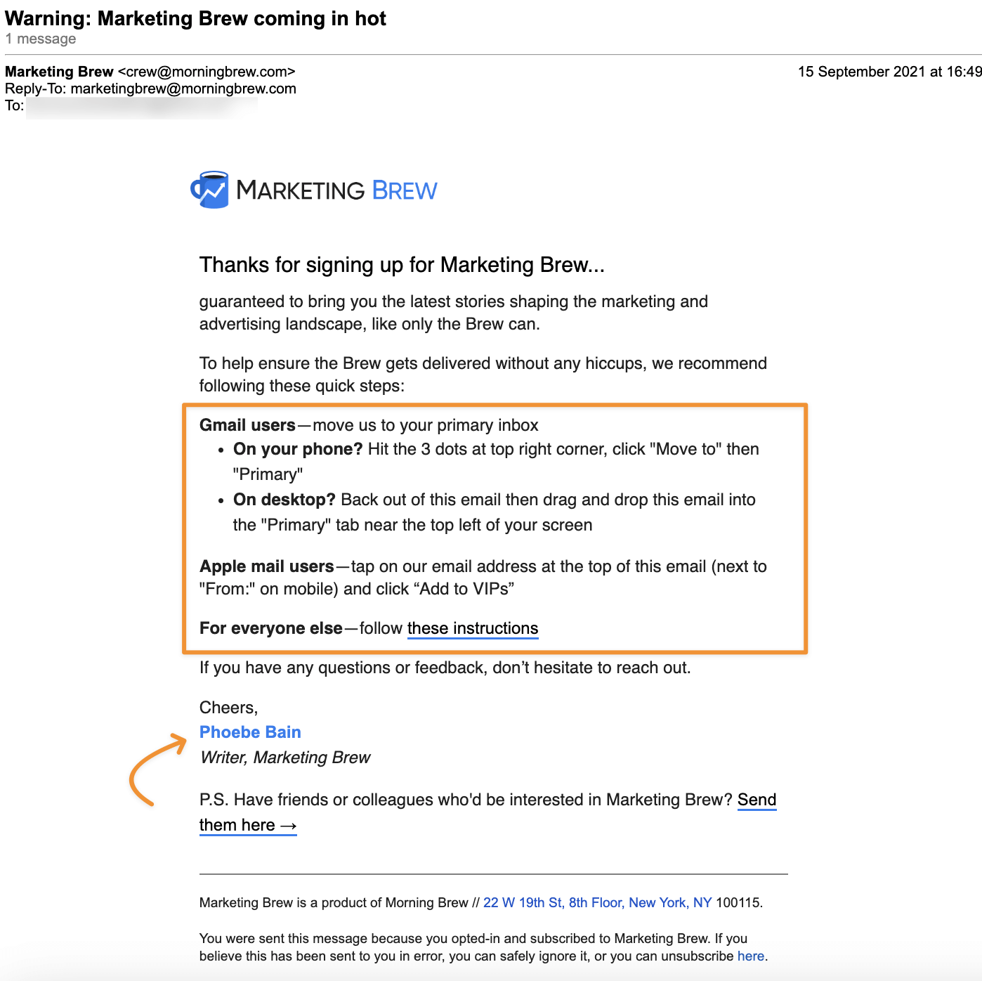 Marketing Brew welcome email