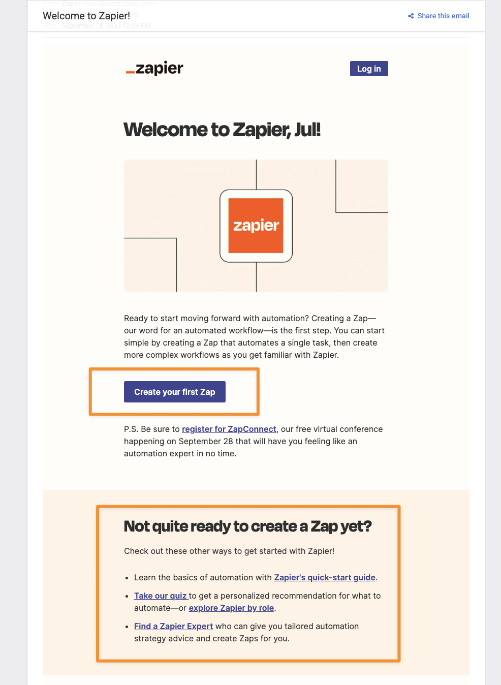 Zapier welcome email