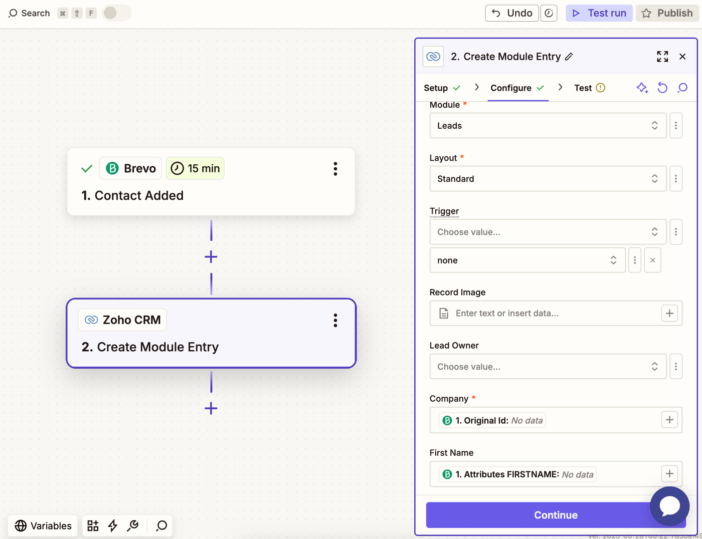 Brevo automation in Zapier no-code builder