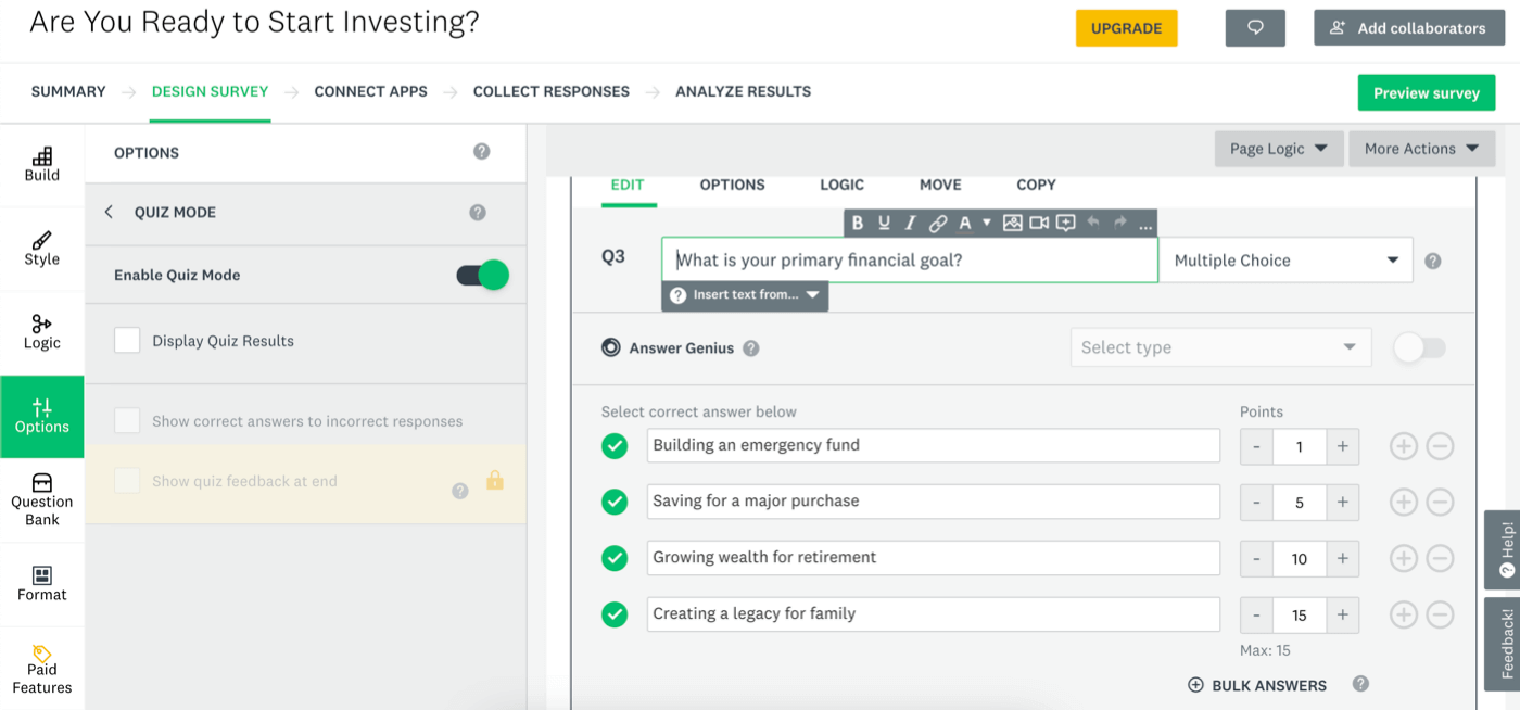 quiz fragen in SurveyMonkey konfigurieren