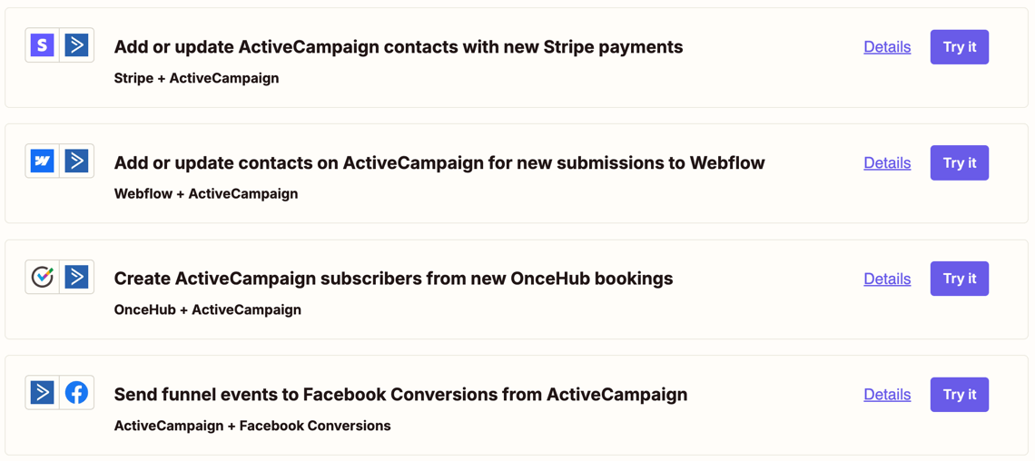 Example ActiveCampaign Zapier automations