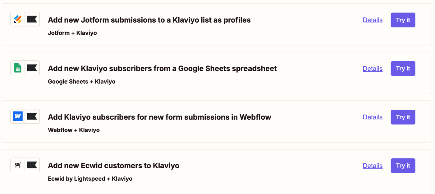 Example Klaviyo integrations in Zapier