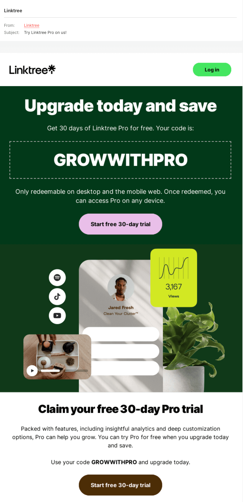 Linktree's upsell email example