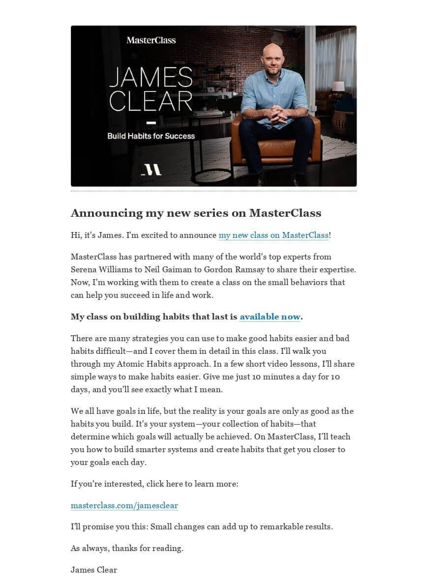 beispiel newsletter von james clear, der abonnenten zu kunden umwandeln soll