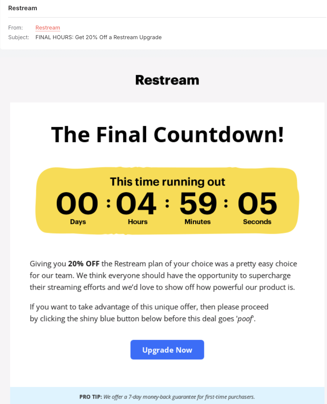 Restream's upsell email example