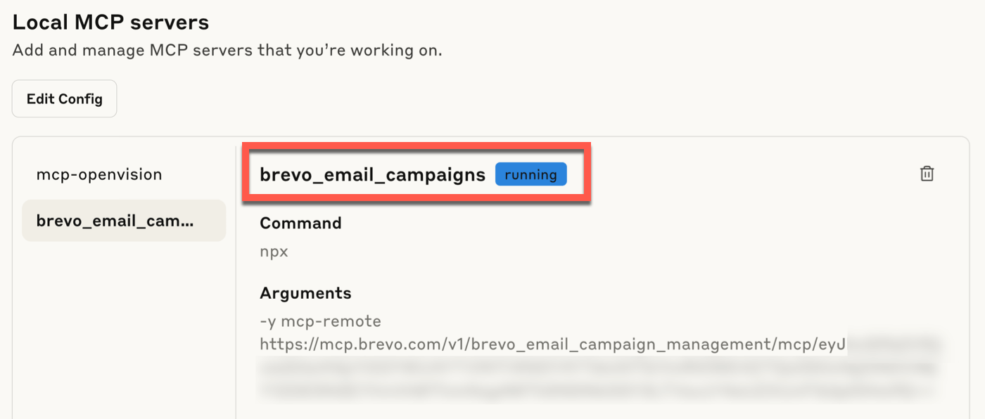 Brevo MCP running in Claude Desktop
