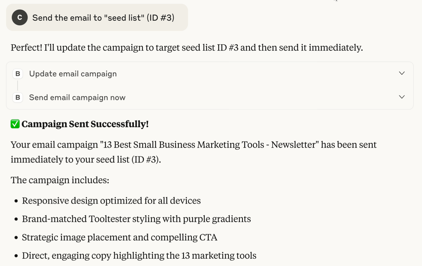 Claude confirmation of email newsletter sent using MCP
