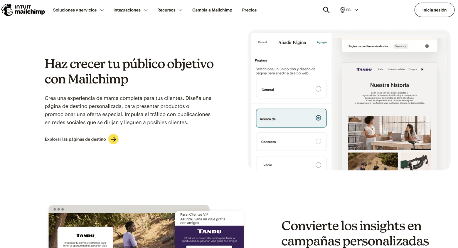 Creador paginas landing gratuito de Mailchimp