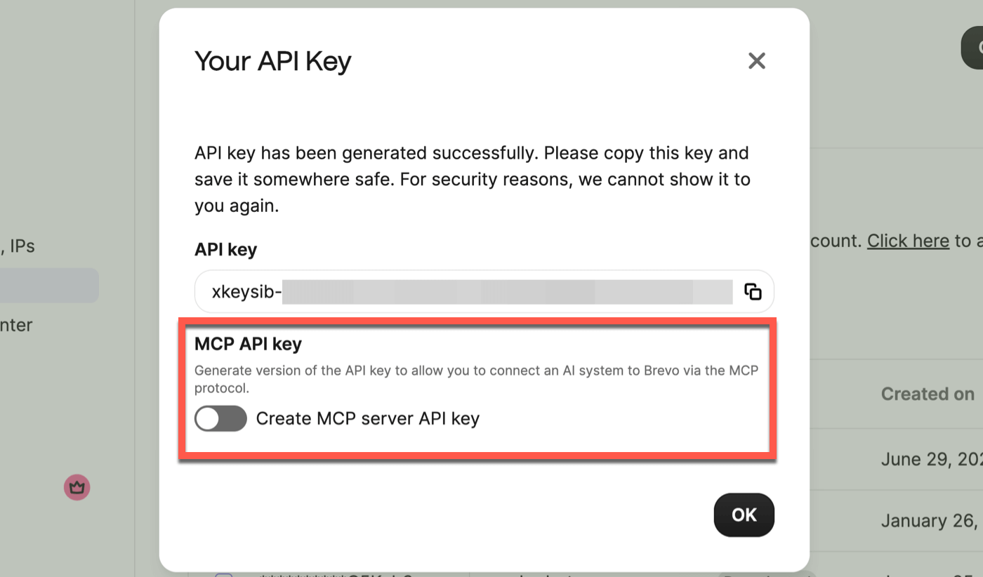 Create MCP server API key in Brevo