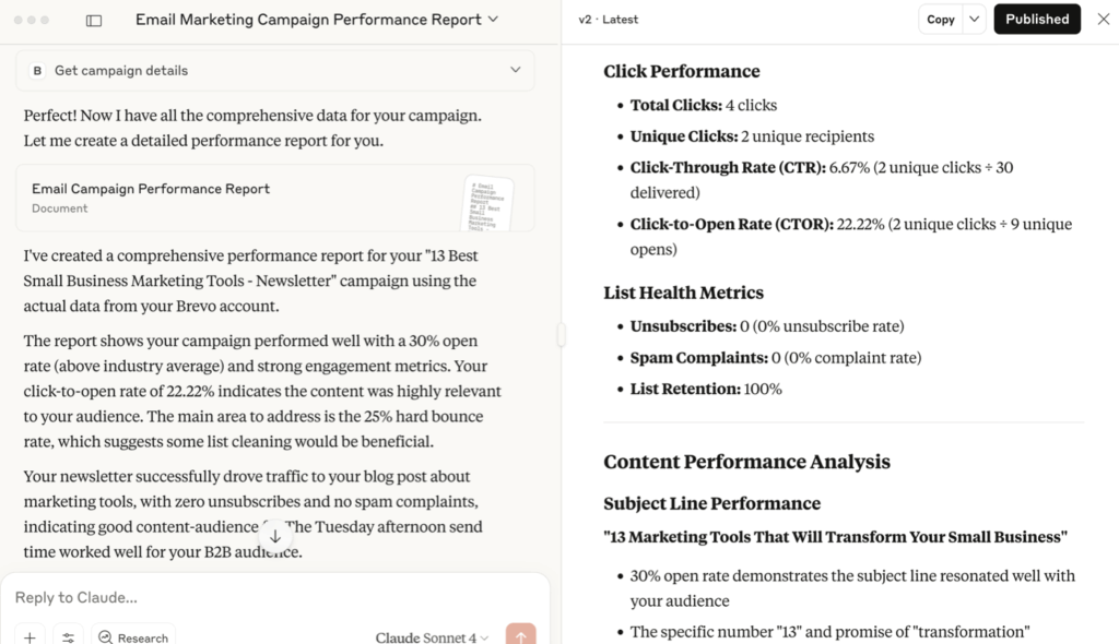 Email campaign report created using Brevo MCP