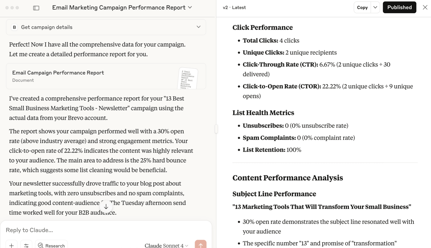 Email campaign report created using Brevo MCP