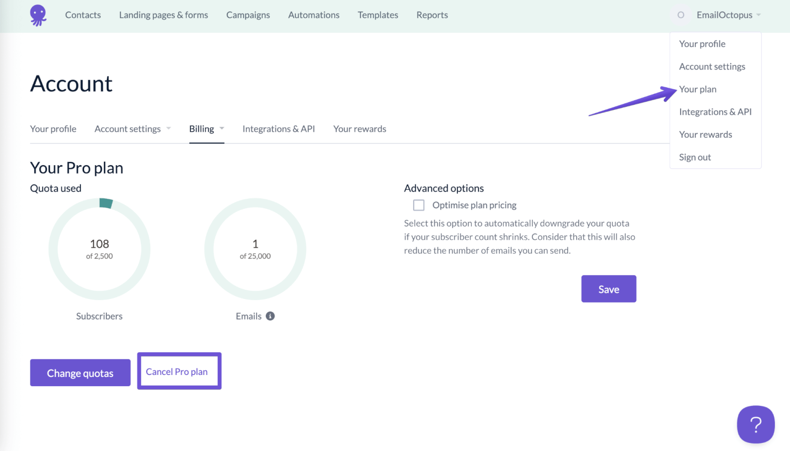 EmailOctopus account dashboard to change plan