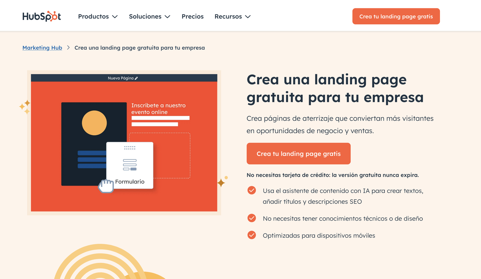 Hubspot landing page creador gratis