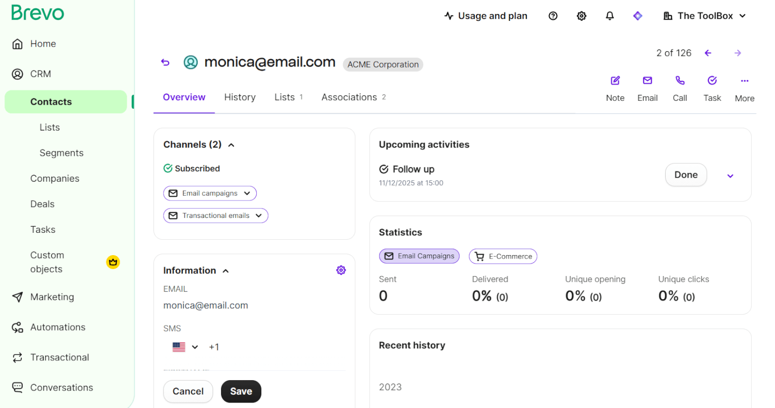 Brevo contact profile
