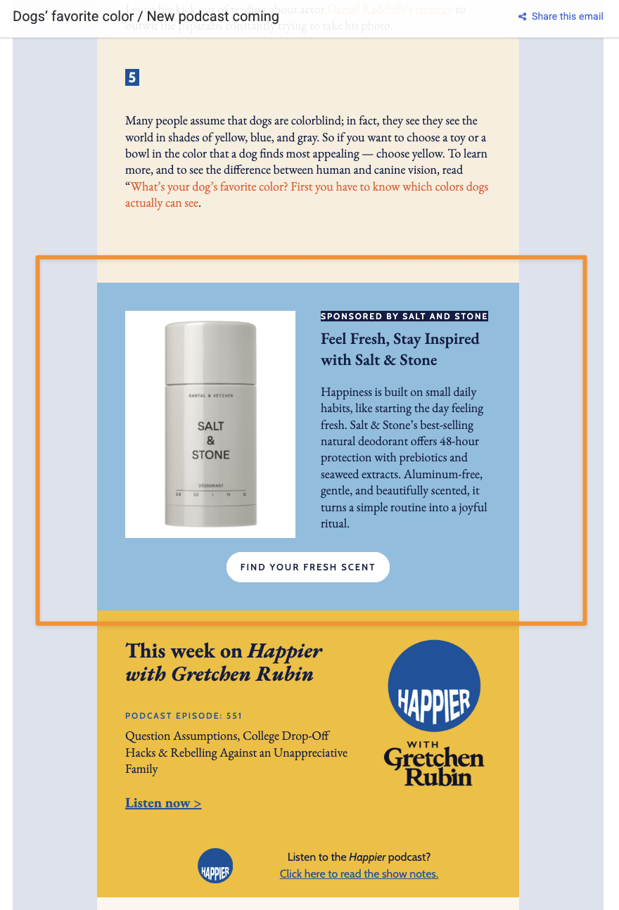 Gretchen Rubin’s newsletter ad example 1 