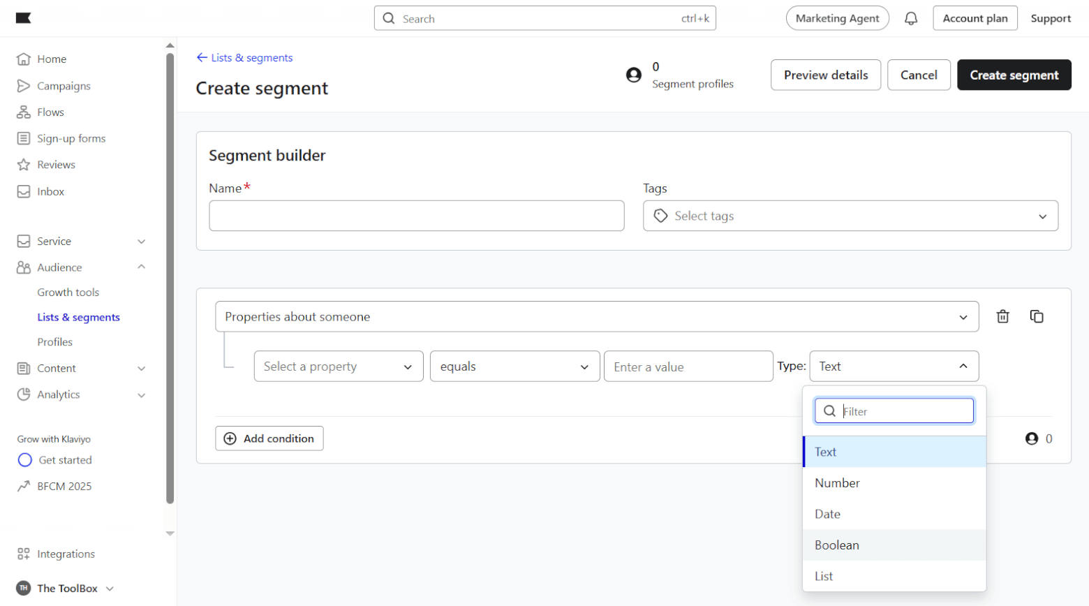 Klaviyo segment builder