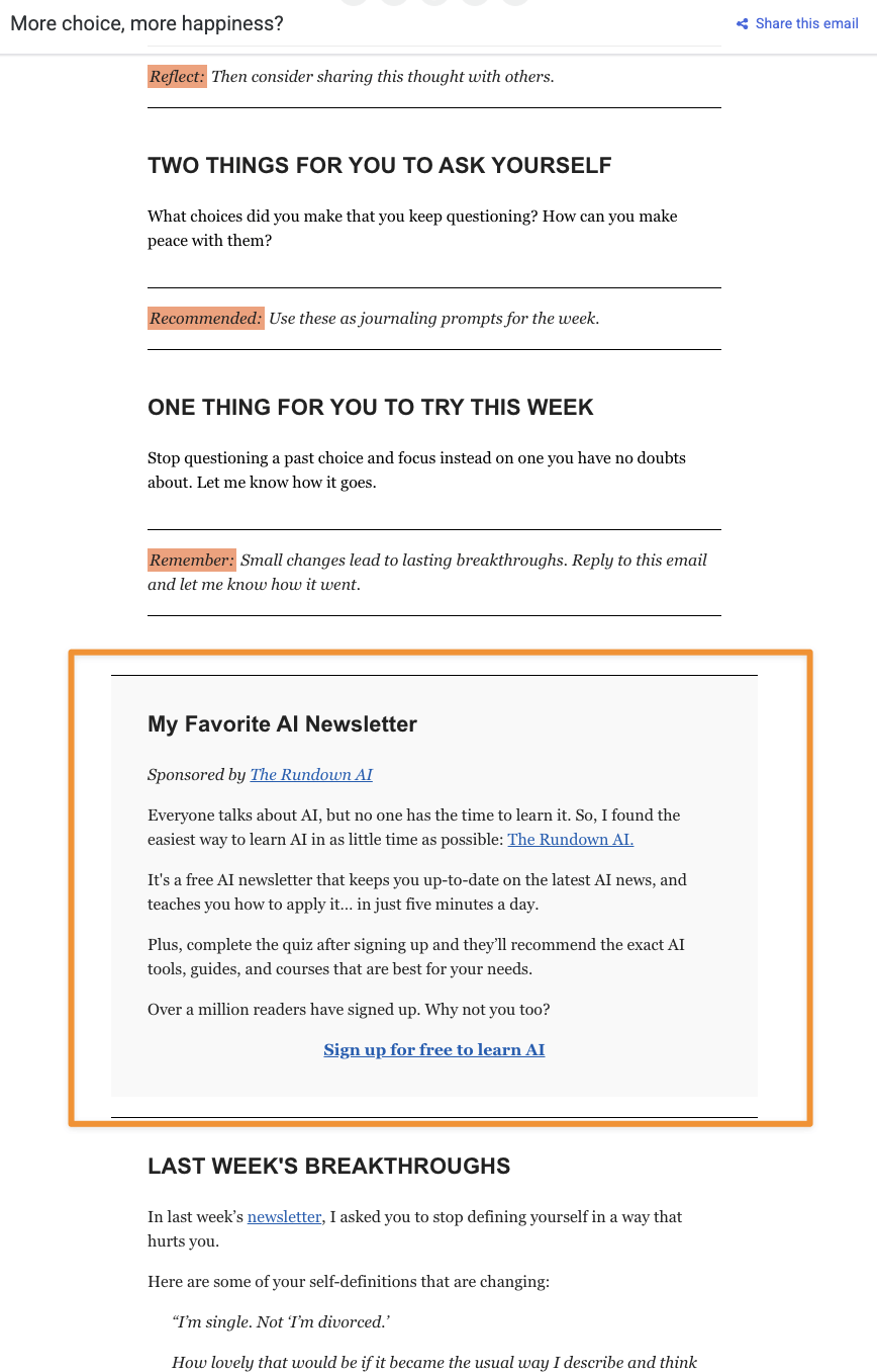 Mark Manson’s newsletter ad example 