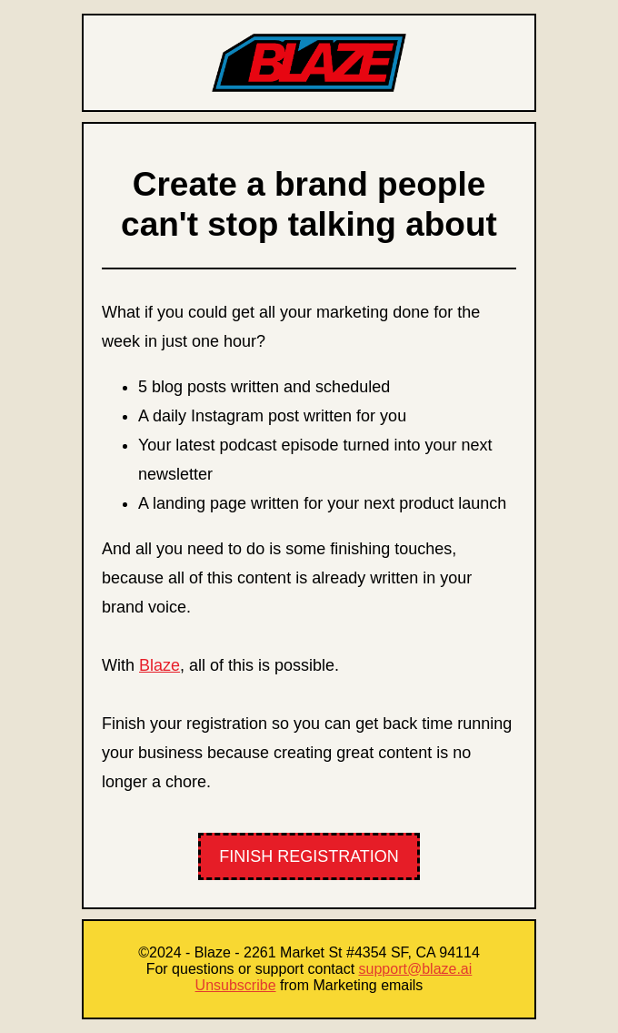 Blaze AI welcome email