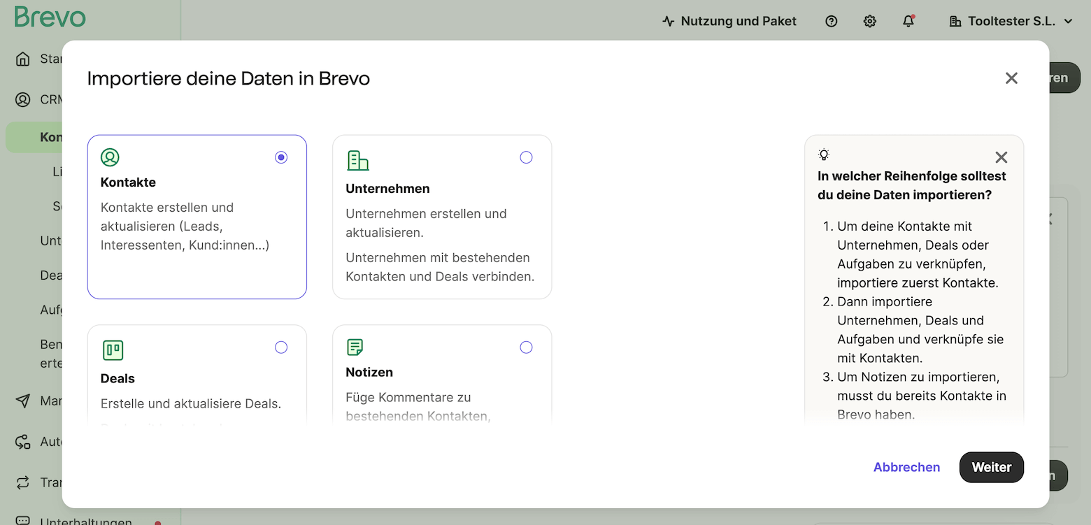 brevo kontakte importieren