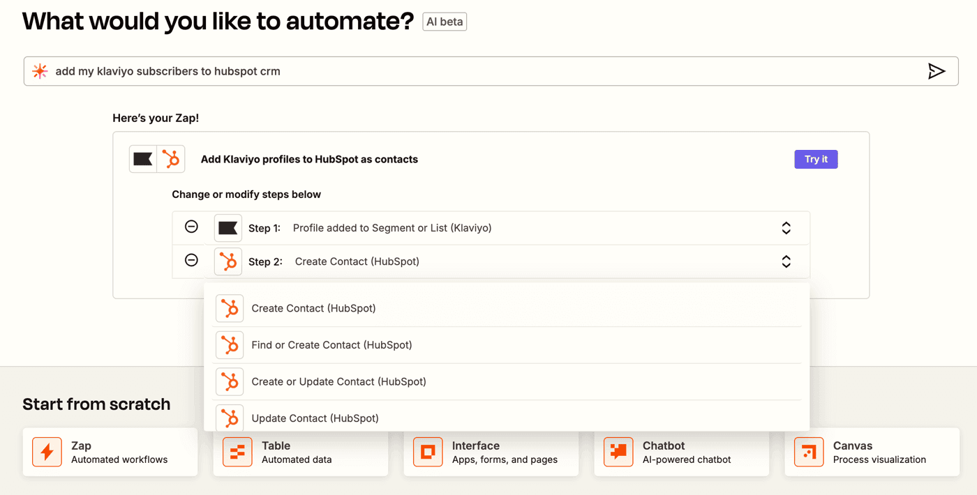 creating automation between klaviyo and hubspot with zapier
