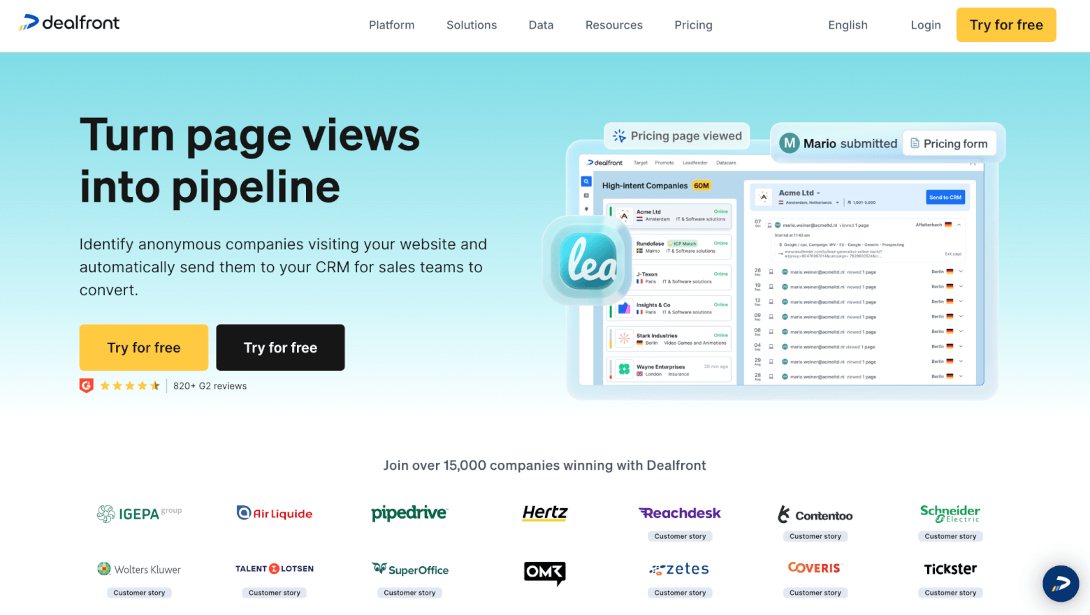dealfront leadfeeder homepage