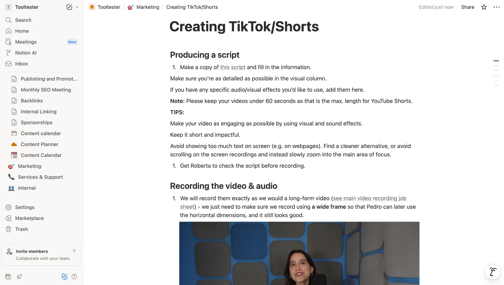 notion document for creating tiktok videos