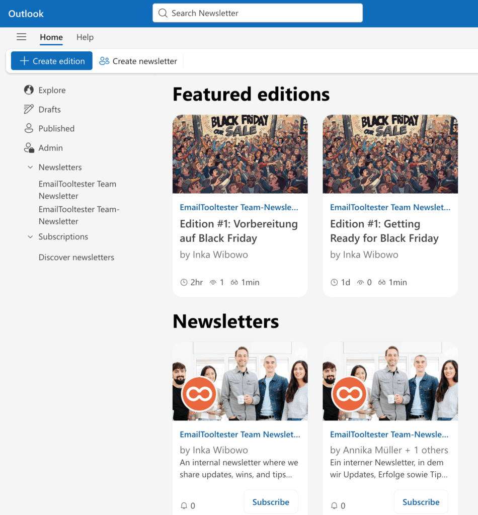 Outlook newsletter explore page