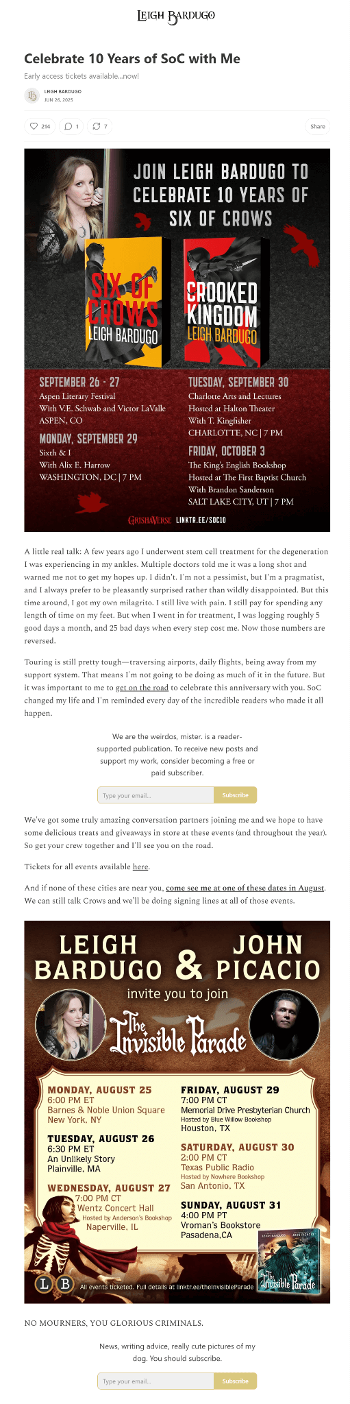 tour announcement author newsletter