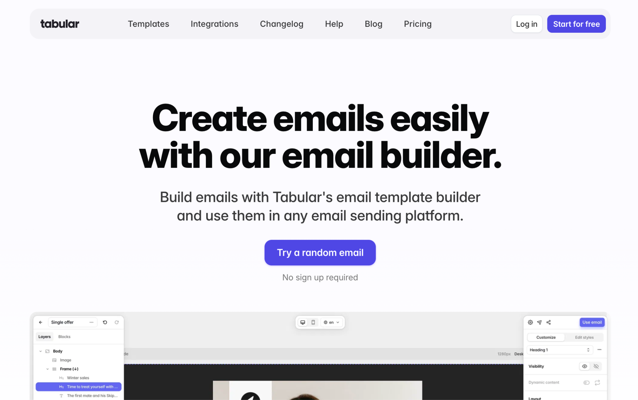 tabular homepage free email template builders