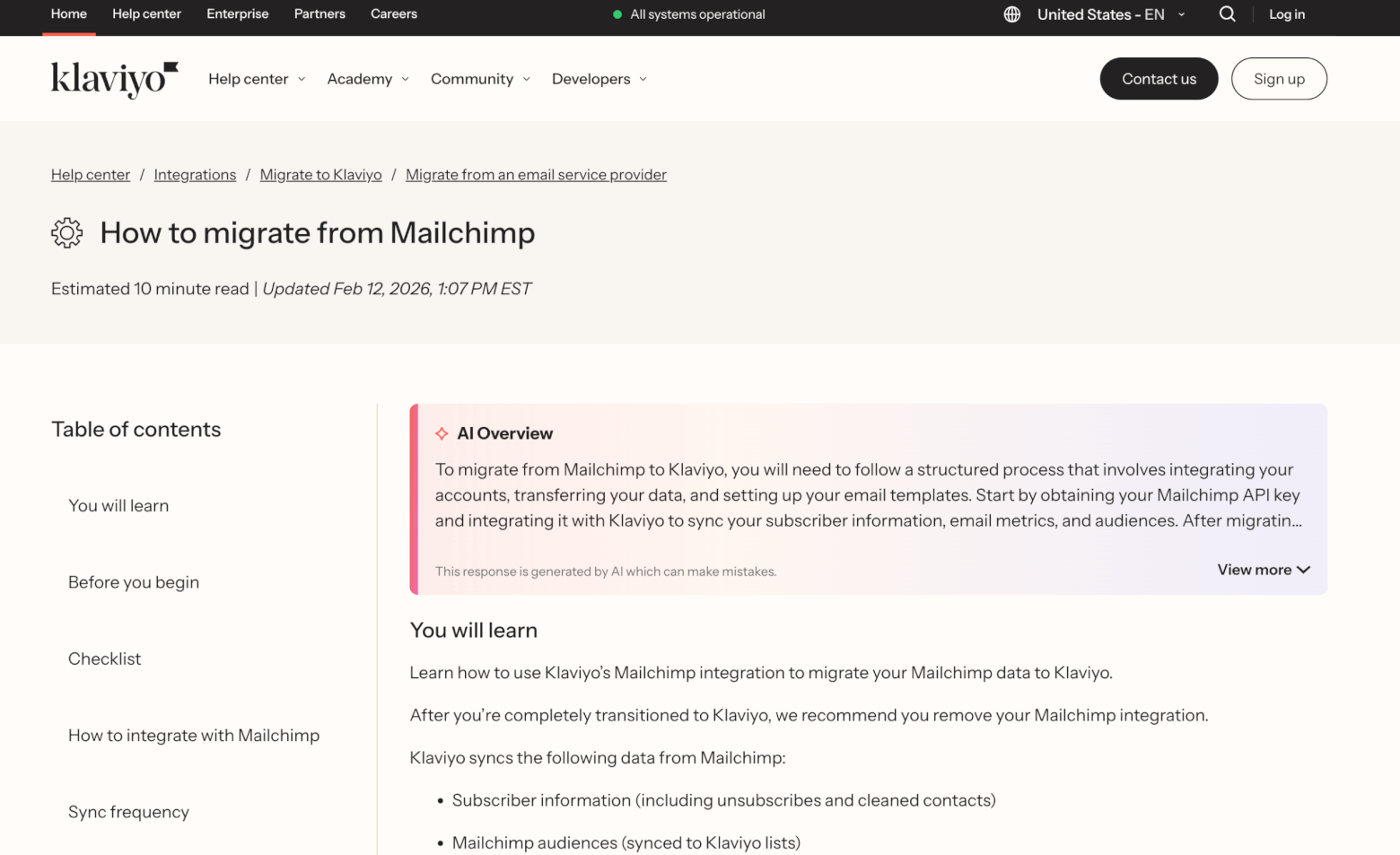 klaviyo help article on migrating from mailchimp