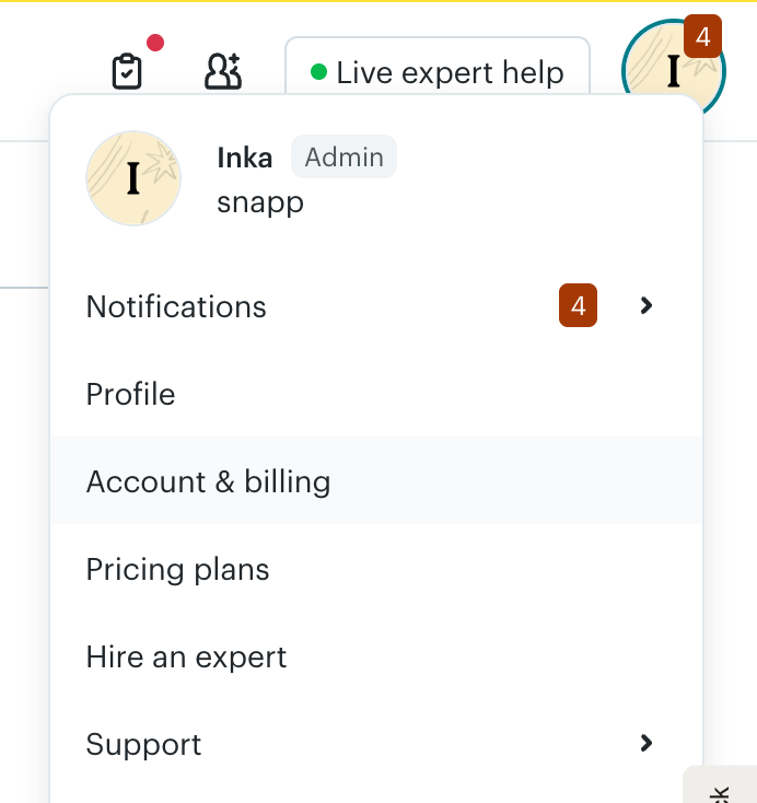 mailchimp account and billing menu
