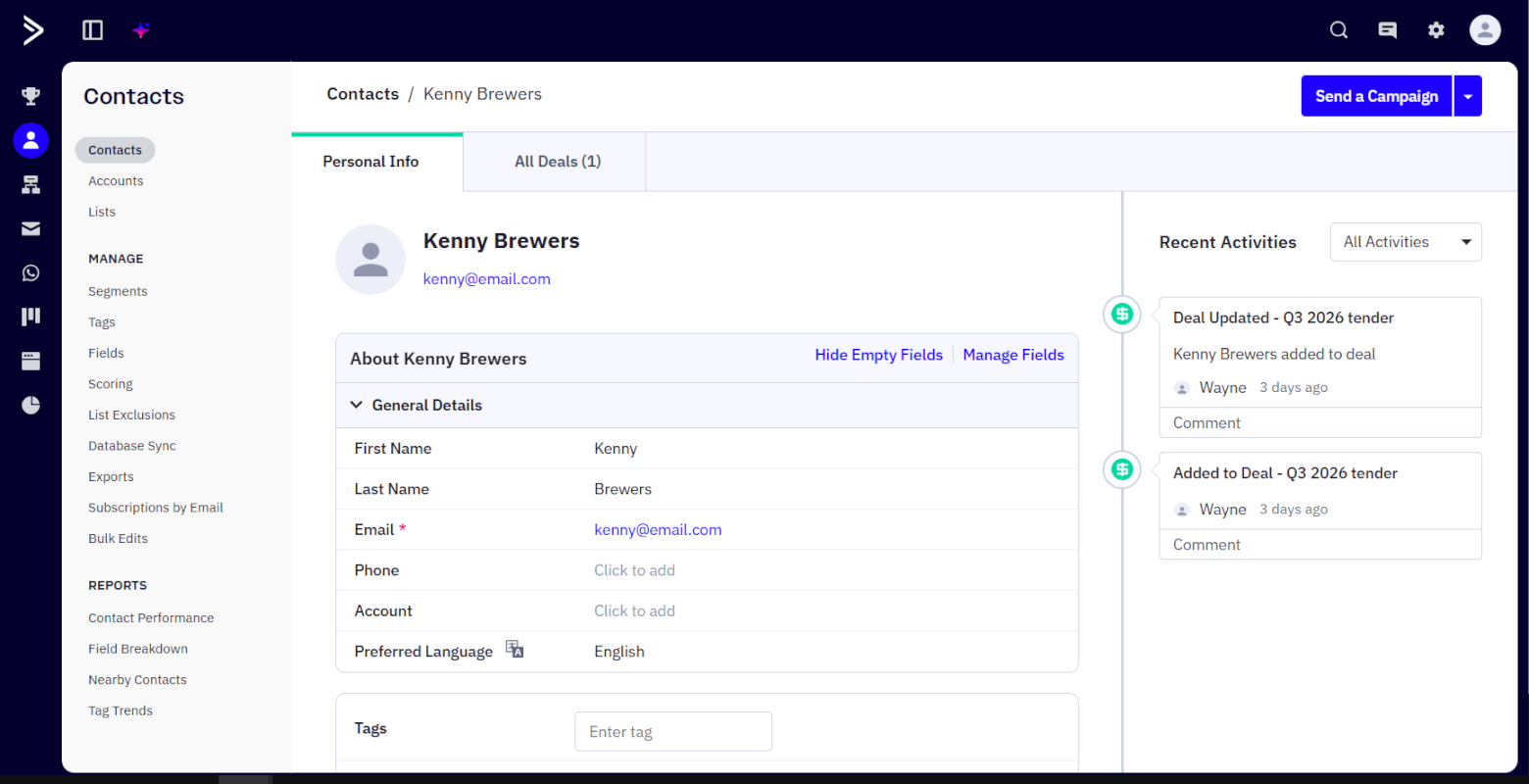 ActiveCampaign contact profile.