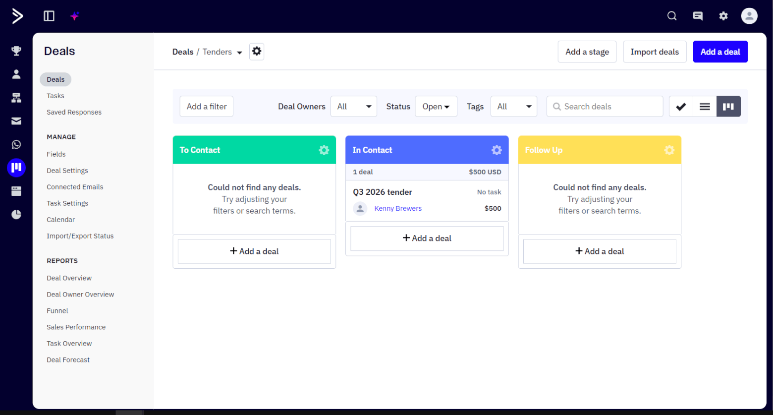 ActiveCampaign deal pipeline in kanban view.