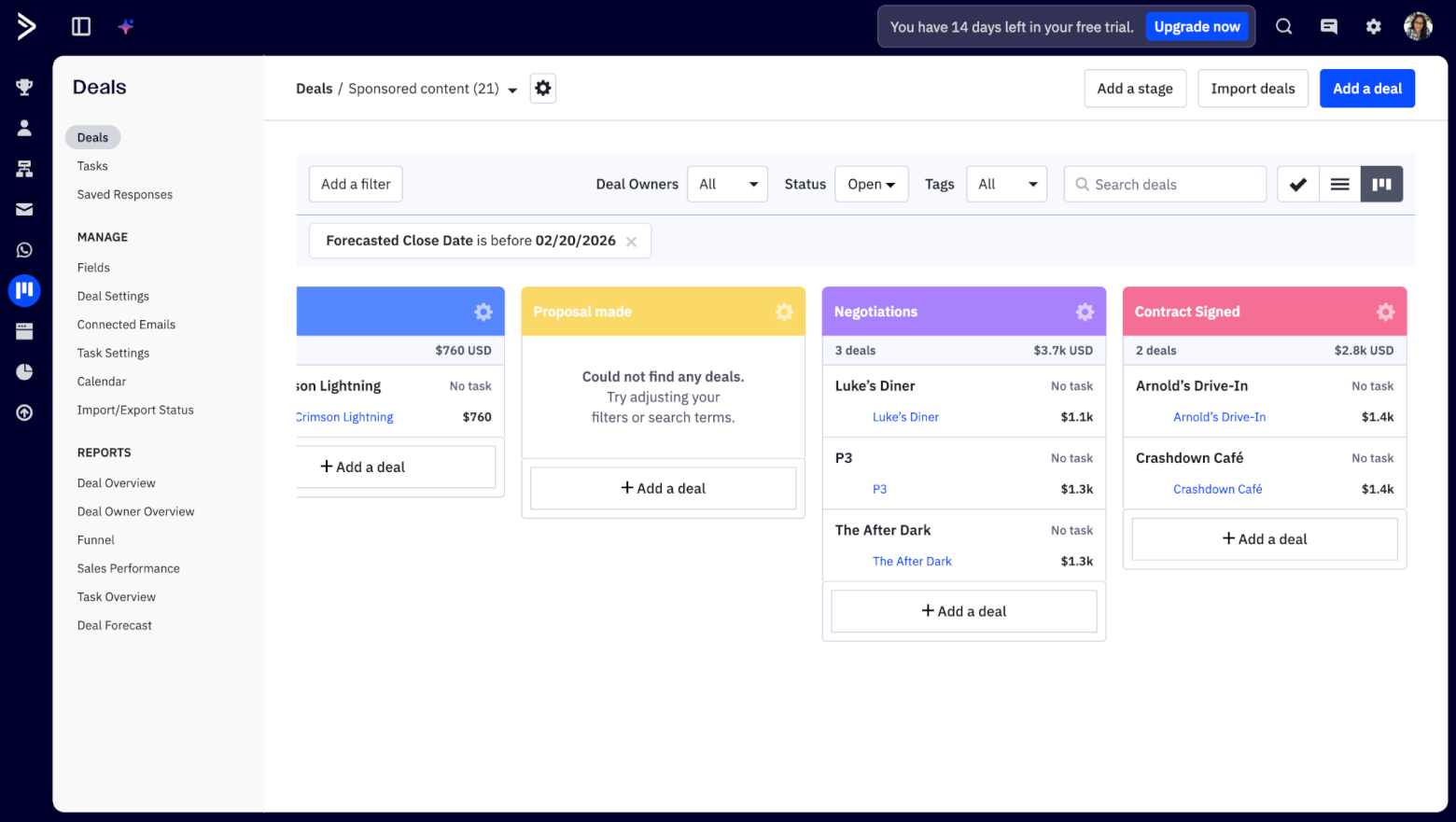 activecampaign filtered deals