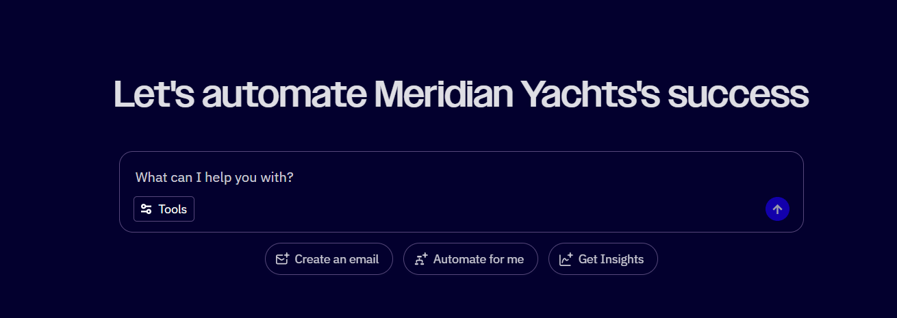 ActiveCampaign's Active Intelligence ChatGPT-style chatbox, with the heading "Let's automate Meridian Yachts's success" and the chatbox message "What can I help you with?" Options under the chatbox are "Create an email," "Automate for me," and "Get Insights."