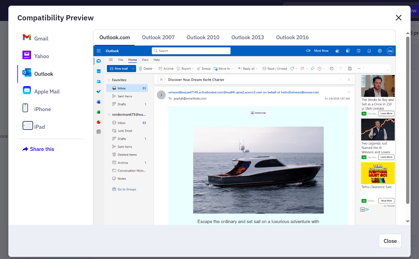 ActiveCampaign's Compatibility Preview for emails on Outlook clients.