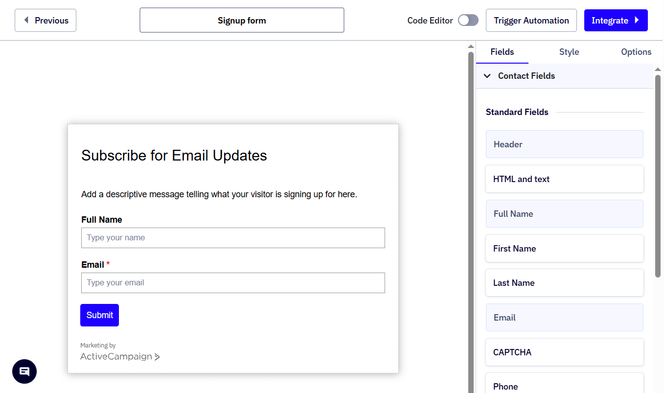 ActiveCampaign's form builder.