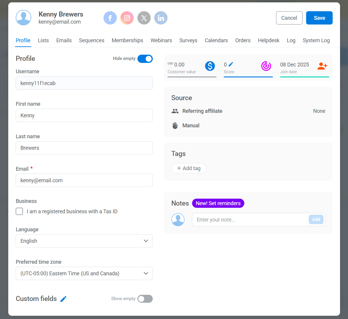 Kartra contact profile.