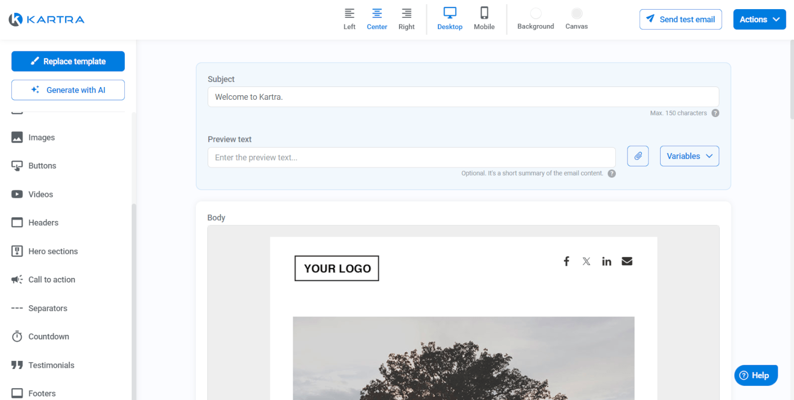 Kartra's broadcast email builder.
