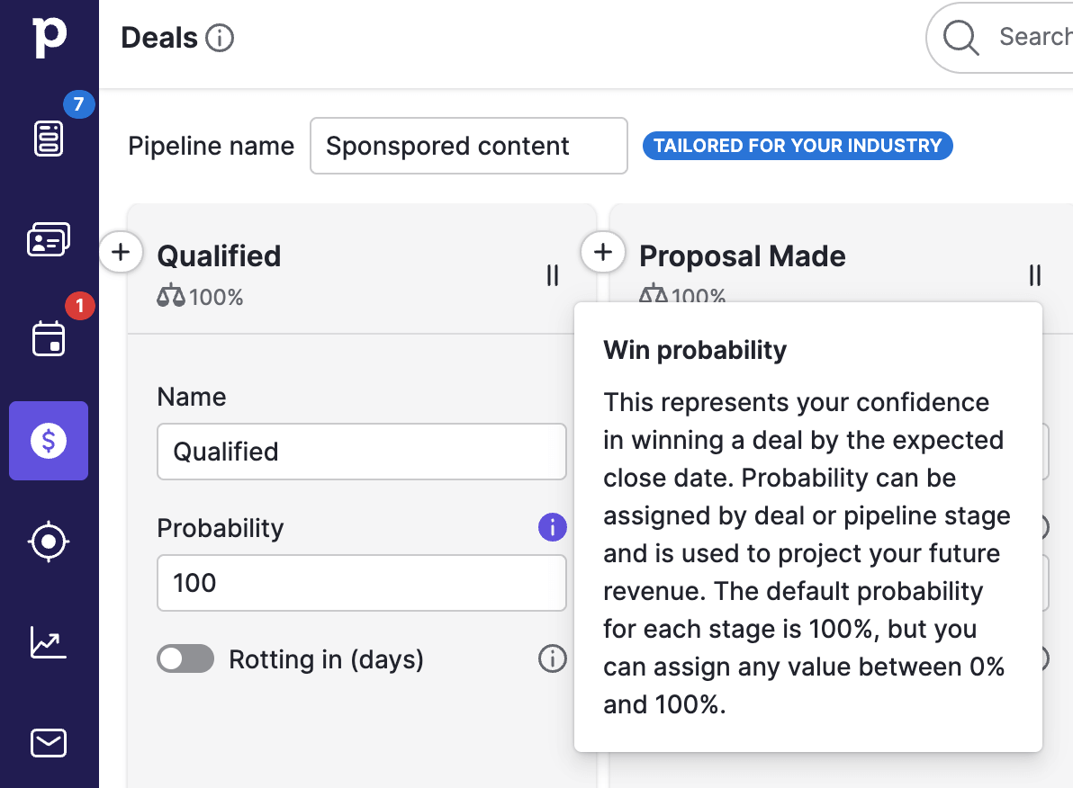 pipedrive tooltips explaining what win probability is