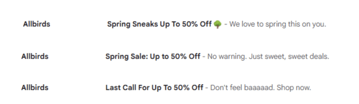 AllBirds' promotional email subject lines 