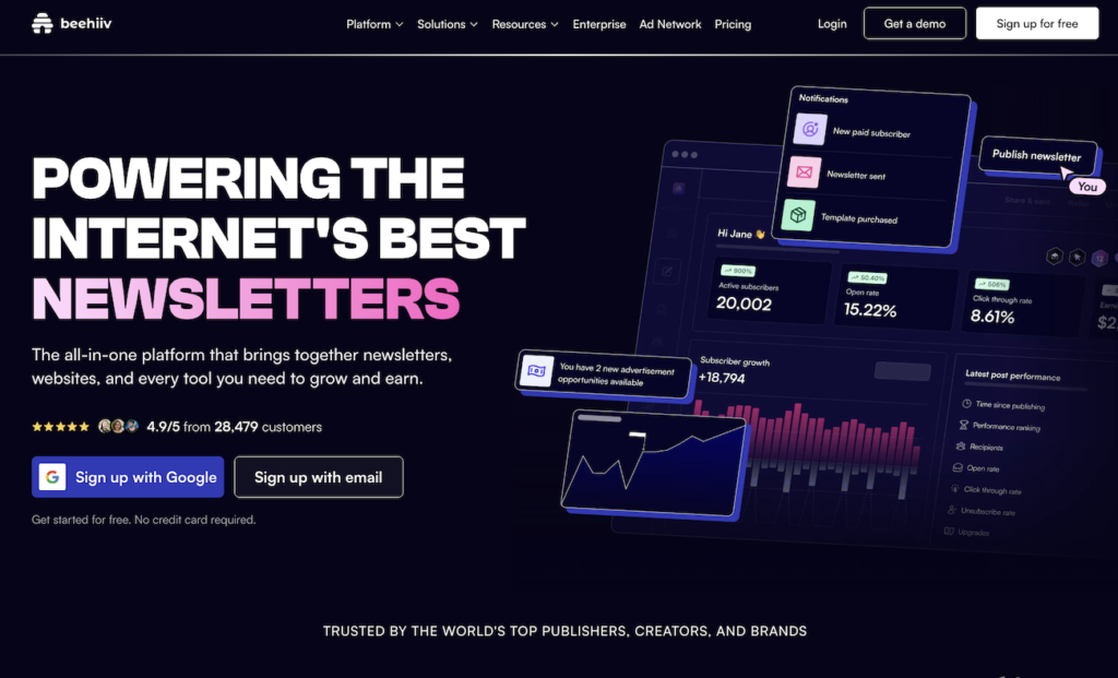 beehiiv homepage screenshot