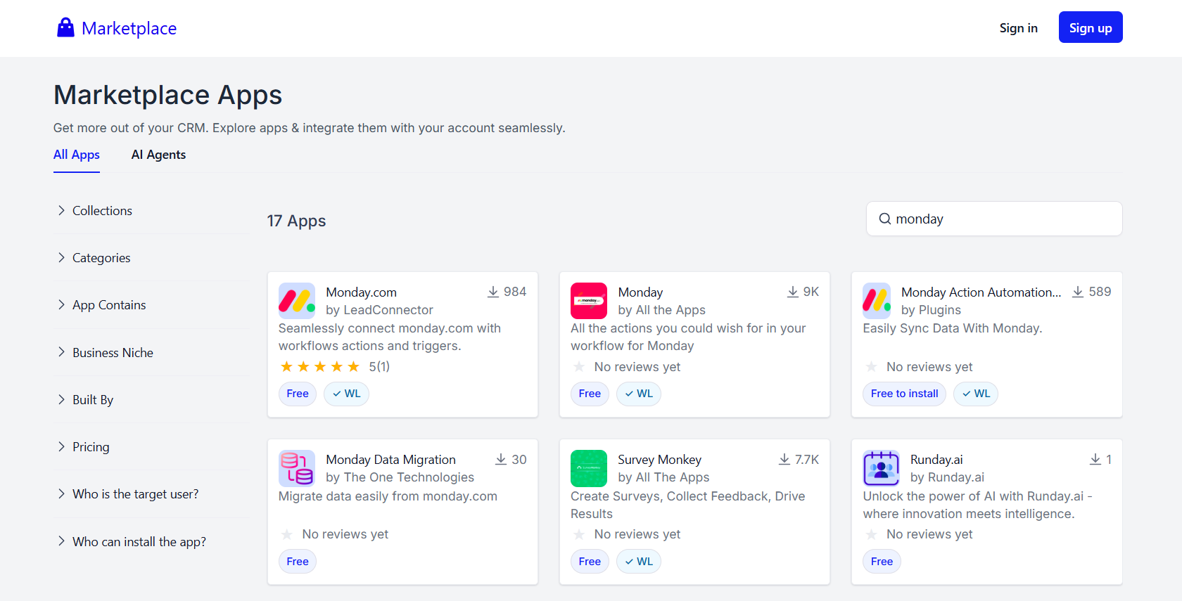 GoHighLevel app marketplace showing Monday apps
