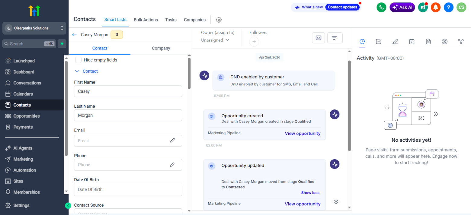 GoHighLevel contact profile
