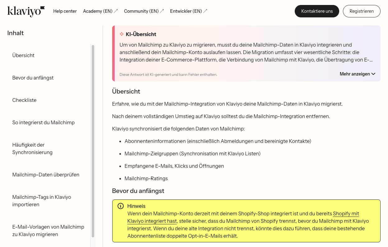 klaviyo artikel mailchimp migration