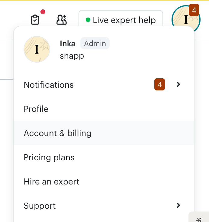 mailchimp account and billing menu