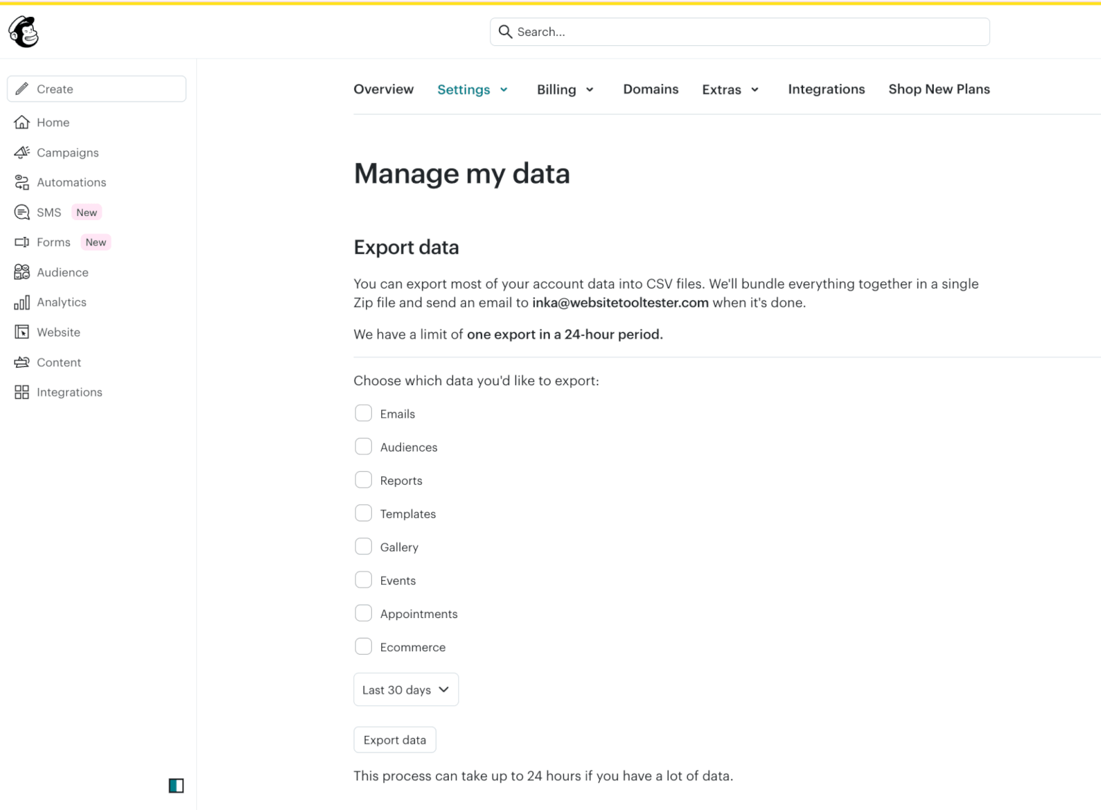 mailchimp manage my data feature
