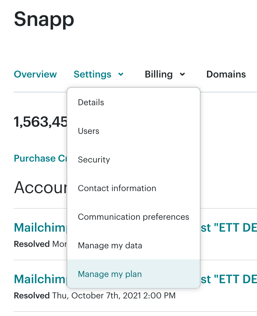 mailchimp settings dropdown