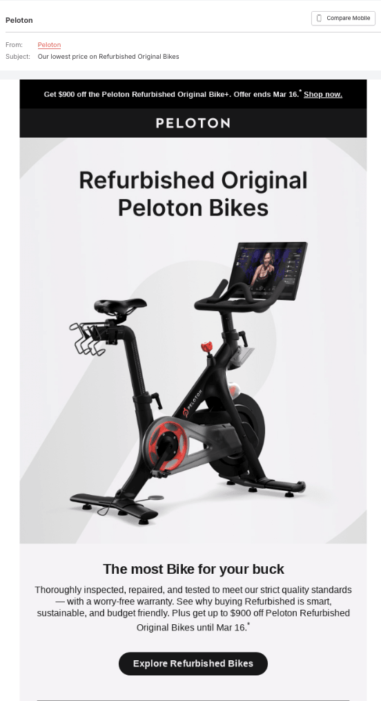 Peloton's promotional email