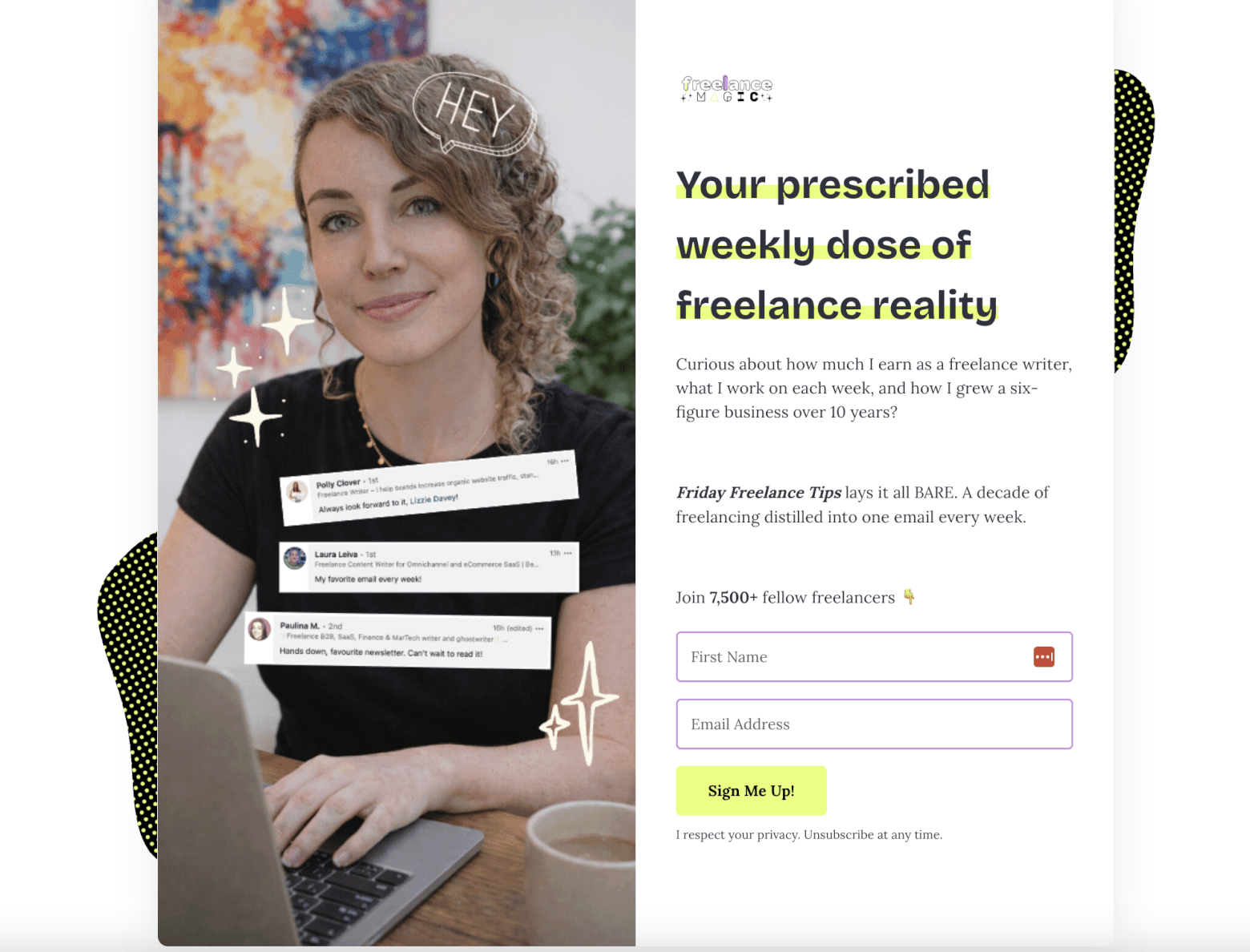 sign up page example lizzie davey